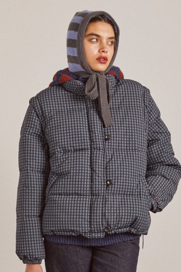 Women tie neck bonnet in grey & blue stripe None | Cold Weather Accessories Damson Madder - Image 3