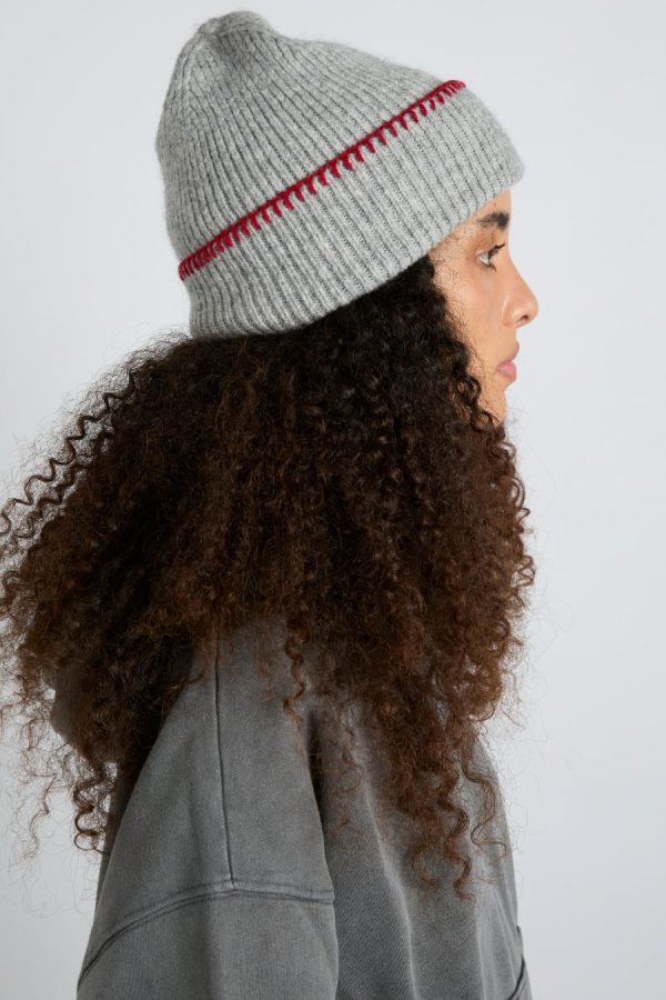 Cold Weather Accessories | Women Damson Madder blanket stitch beanie- grey None - Image 2